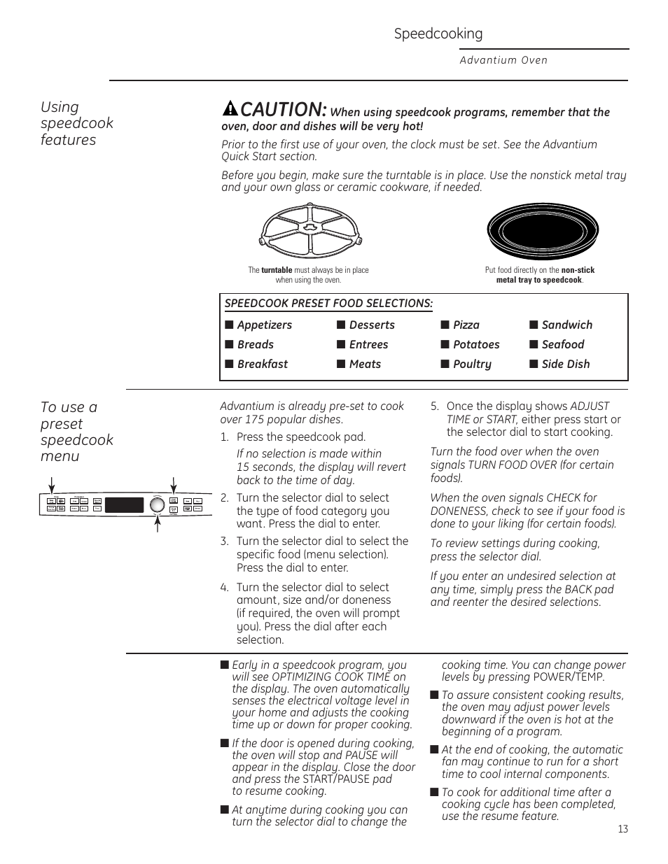 Using a preset speedcook menu, Caution, Speedcooking | Using speedcook features | GE Profile Advantium PSB1201 User Manual | Page 13 / 36