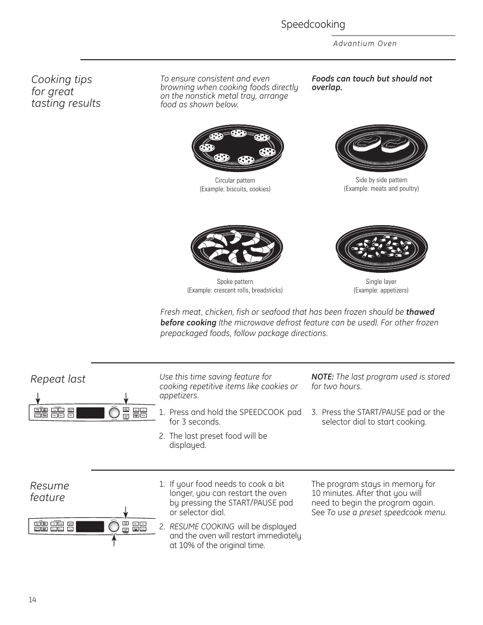 Cooking tips, Repeat last, Resume feature | Repeat last resume feature, Speedcooking, Cooking tips for great tasting results | GE Profile Advantium PSB1201 User Manual | Page 14 / 36