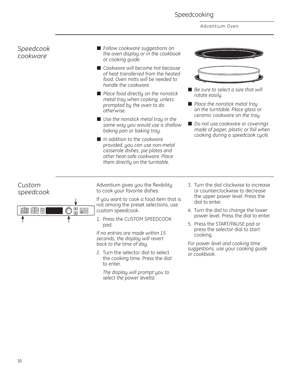 Speedcook cookware, Speedcooking, Custom speedcook | GE Profile Advantium PSB1201 User Manual | Page 16 / 36