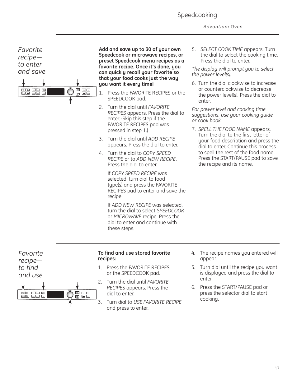 Favorite recipes, Favorite recipes , 18, Speedcooking | Favorite recipe— to enter and save, Favorite recipe— to find and use | GE Profile Advantium PSB1201 User Manual | Page 17 / 36