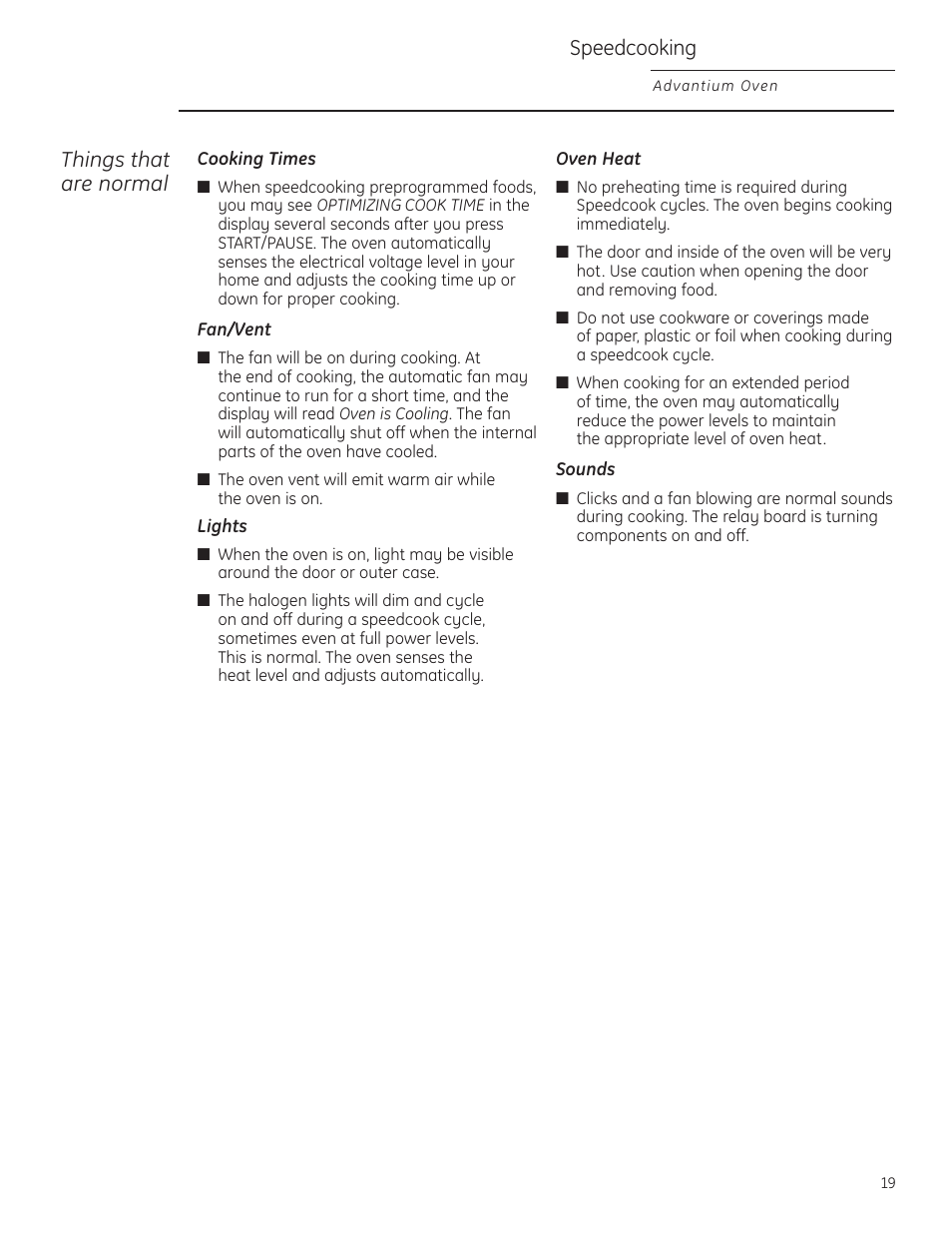 Things that are normal, Speedcooking | GE Profile Advantium PSB1201 User Manual | Page 19 / 36
