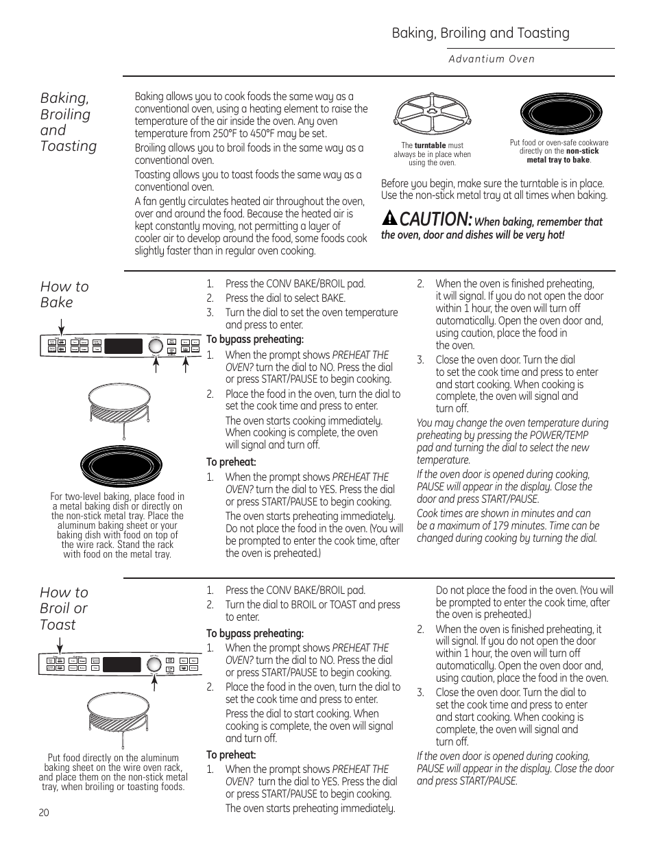 Baking, broiling and toasting, Caution | GE Profile Advantium PSB1201 User Manual | Page 20 / 36