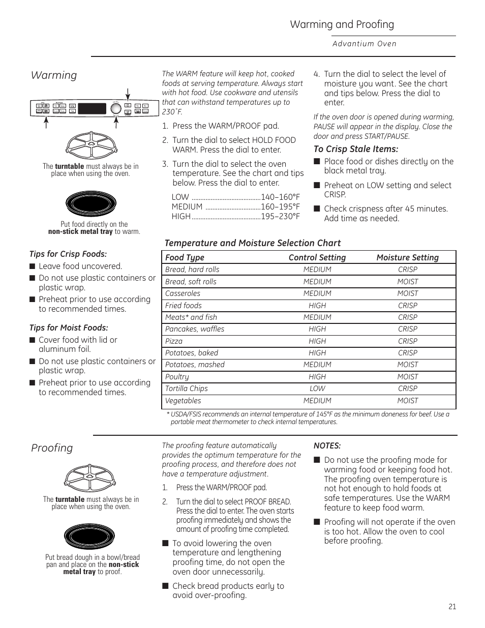 Proofing, Warming, Warming and proofing | GE Profile Advantium PSB1201 User Manual | Page 21 / 36