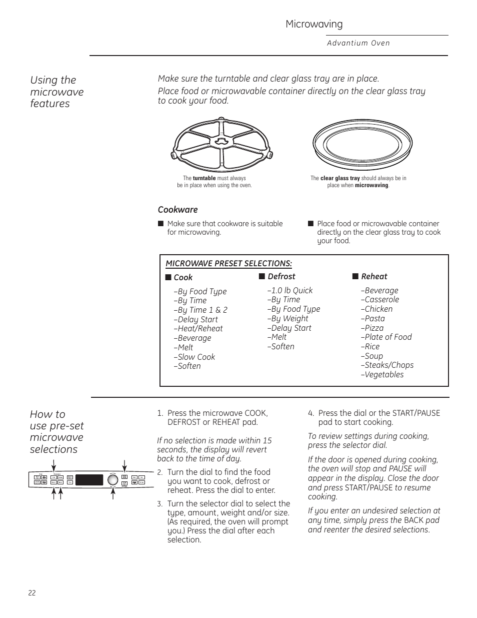 Using preset microwave selections, Microwaving, Using the microwave features | How to use pre-set microwave selections | GE Profile Advantium PSB1201 User Manual | Page 22 / 36