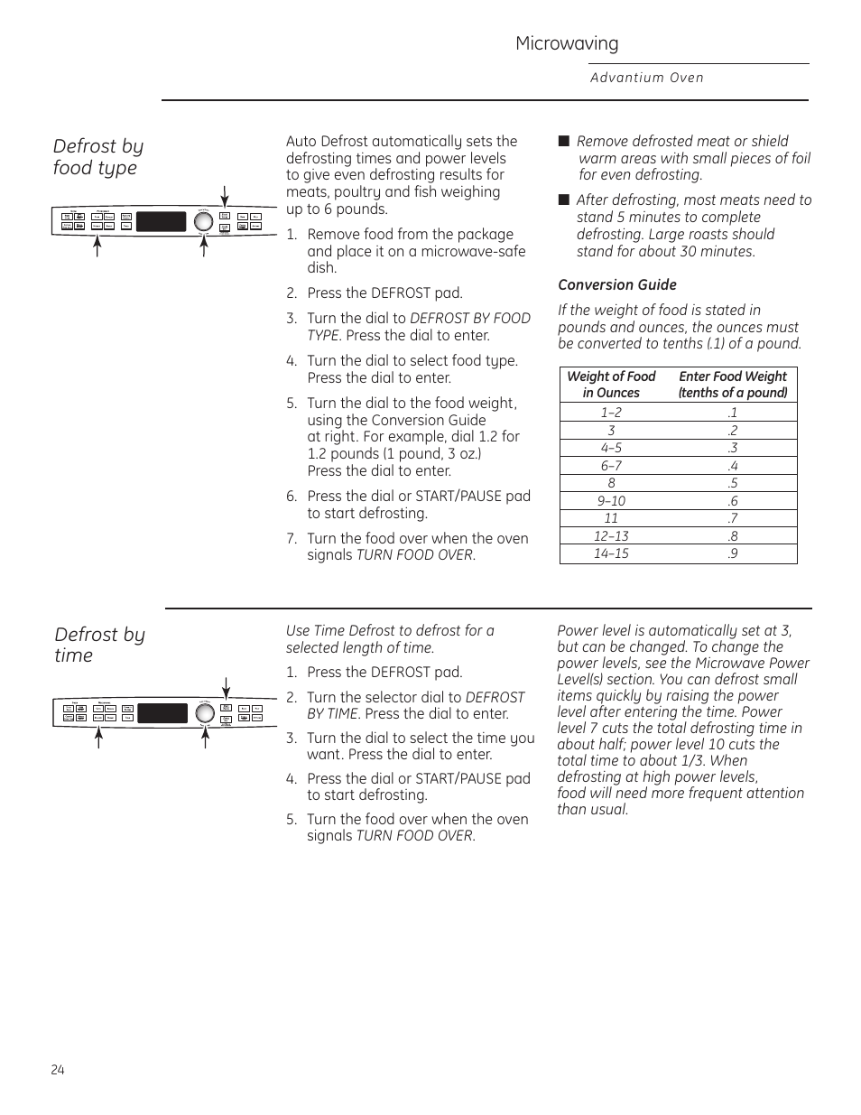 Defrost by time, Defrost by food type, Defrost by food type defrost by time | Microwaving | GE Profile Advantium PSB1201 User Manual | Page 24 / 36