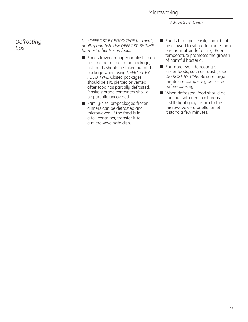 Defrosting tips, Microwaving | GE Profile Advantium PSB1201 User Manual | Page 25 / 36