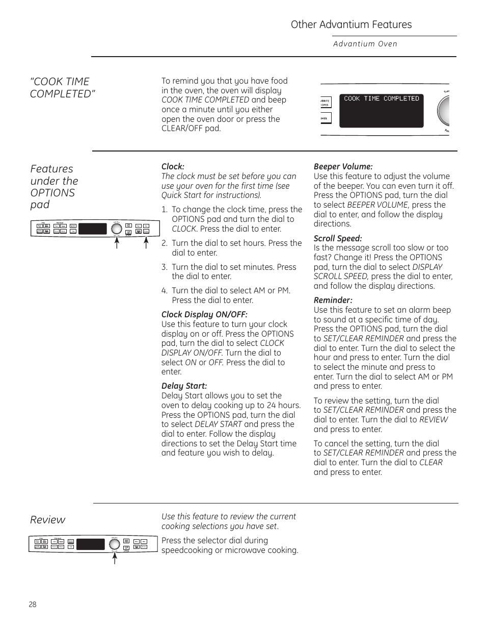 Beeper volume, Delay start, Display on/off | Reminder, Review, Scroll speed, Delay start display on/off, Reminder review scroll speed, Other advantium features, Cook time completed | GE Profile Advantium PSB1201 User Manual | Page 28 / 36