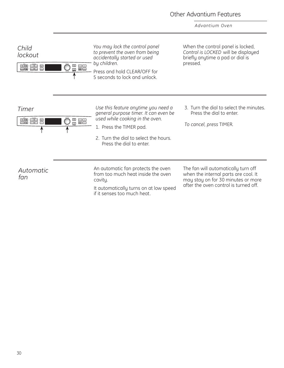 Automatic fan, Child lockout, Timer | GE Profile Advantium PSB1201 User Manual | Page 30 / 36
