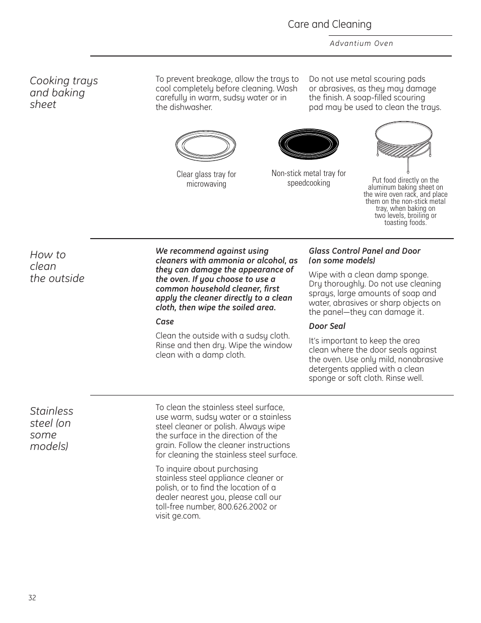 Cleaning the outside, Cooking trays and baking sheet, Care and cleaning | How to clean the outside, Stainless steel (on some models) | GE Profile Advantium PSB1201 User Manual | Page 32 / 36