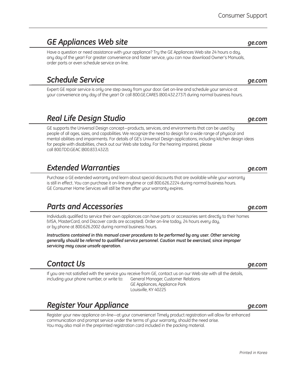 Consumer support, Consumer support . . . . . .back cover, Ge appliances web site | Schedule service, Real life design studio, Extended warranties, Parts and accessories, Contact us, Register your appliance | GE Profile Advantium PSB1201 User Manual | Page 36 / 36