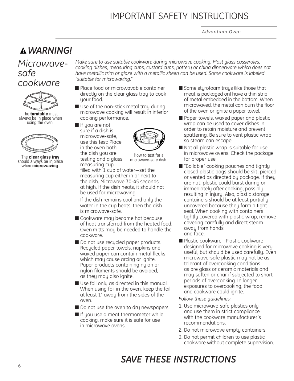 Microwave-safe cookware, Warning, Microwave- safe cookware | Save these instructions, Important safety instructions | GE Profile Advantium PSB1201 User Manual | Page 6 / 36