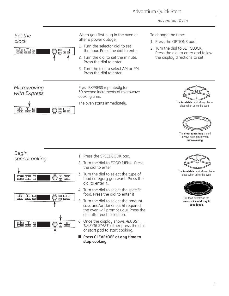 Advantium quick start, Express, Clock | Express , 23, Clock , 28, Set the clock, Begin speedcooking microwaving with express | GE Profile Advantium PSB1201 User Manual | Page 9 / 36