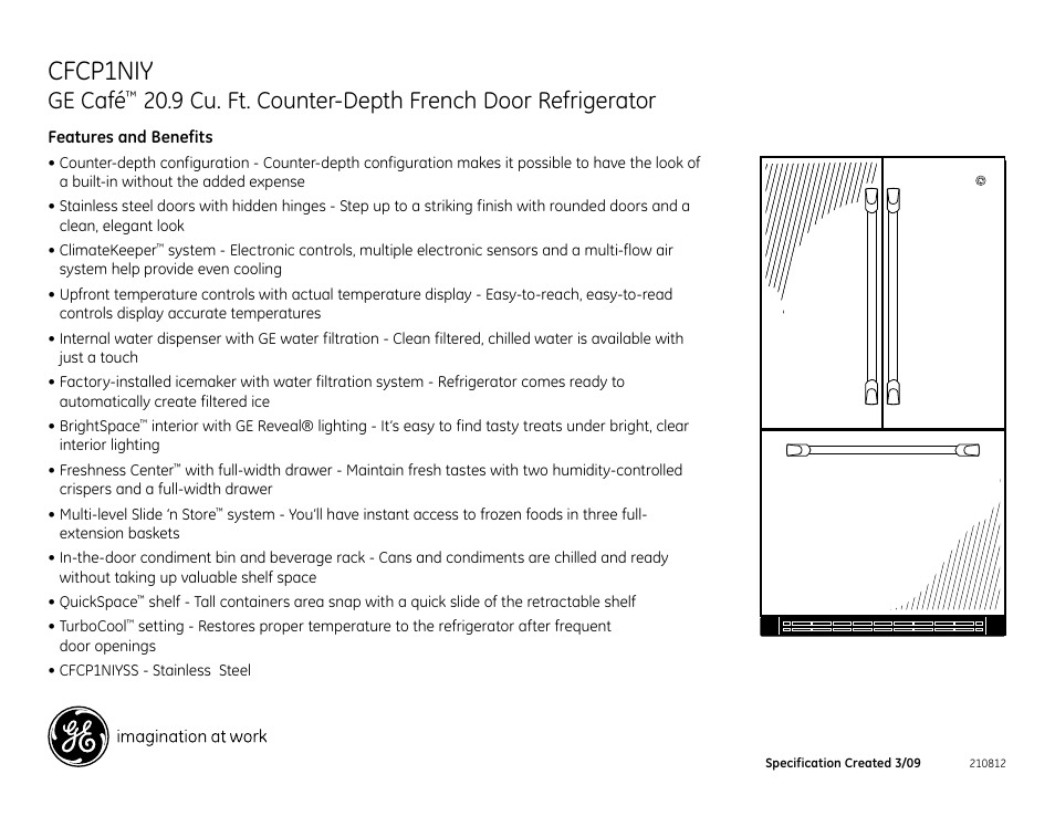 Cfcp1niy, Ge café, 9 cu. ft. counter-depth french door refrigerator | GE CFCP1NIY User Manual | Page 2 / 2