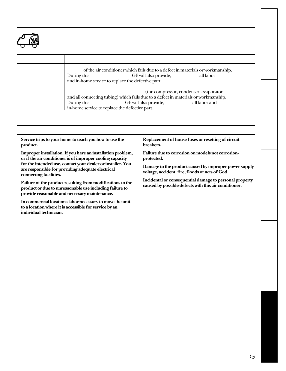 Normal operating sounds, Warranty, Air conditioner warranty | GE 23-11-2129N-002 User Manual | Page 15 / 16