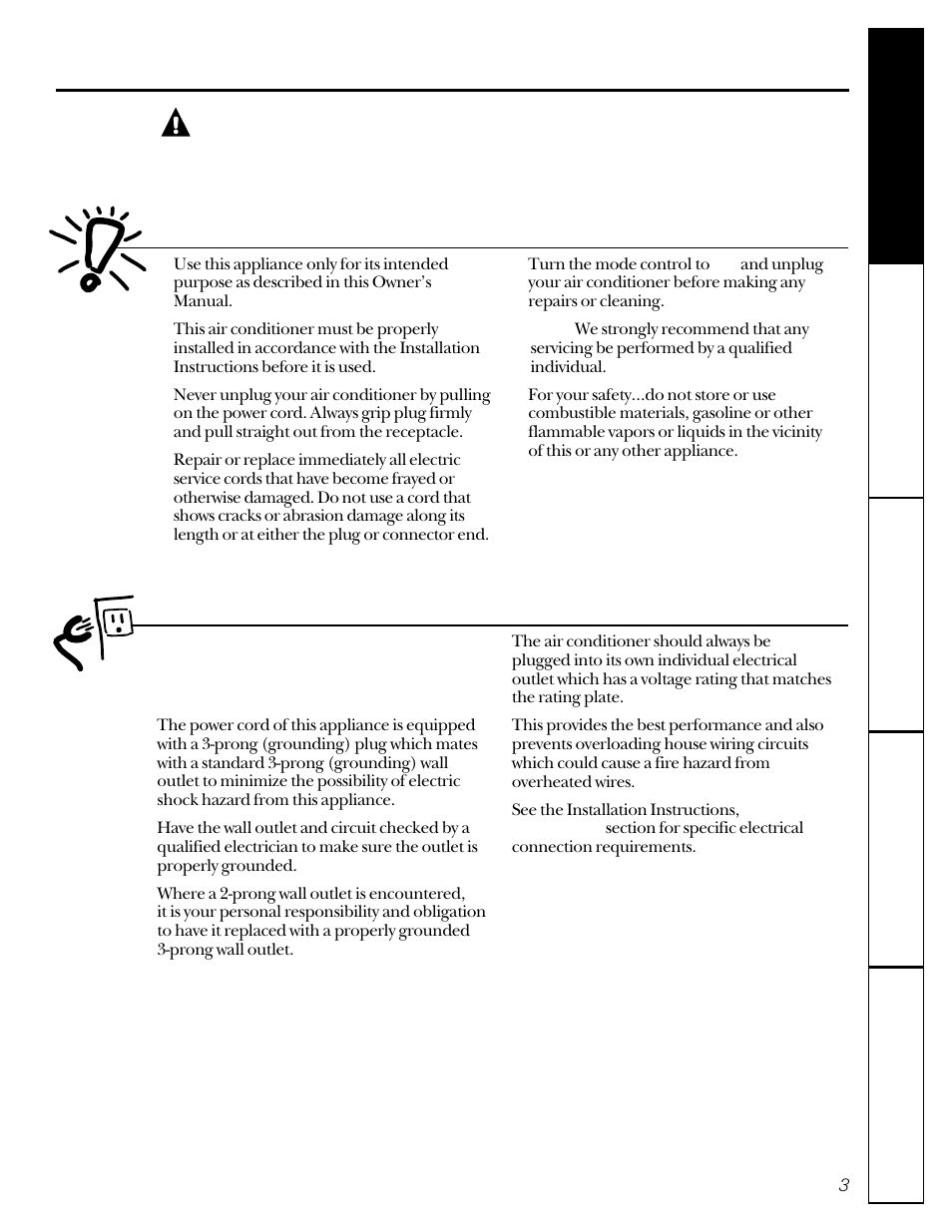 Safety precautions, Use of extension cords, Use of adapter plugs | Warning, How to connect electricity | GE 23-11-2129N-002 User Manual | Page 3 / 16