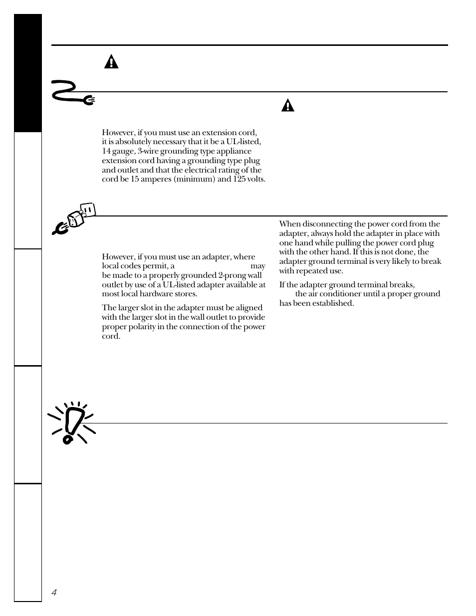 Controls, Use of extension cords use of adapter plugs, Warning | Use of extension cords, Use of adapter plugs, Volt models only | GE 23-11-2129N-002 User Manual | Page 4 / 16