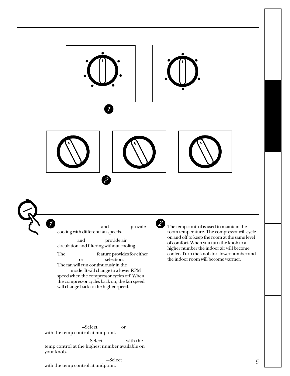 Controls , 5, About the controls on the air conditioner, Controls | Mode controls, Cooling descriptions, Temp controls, Your model will have one of the above controls | GE 23-11-2129N-002 User Manual | Page 5 / 16