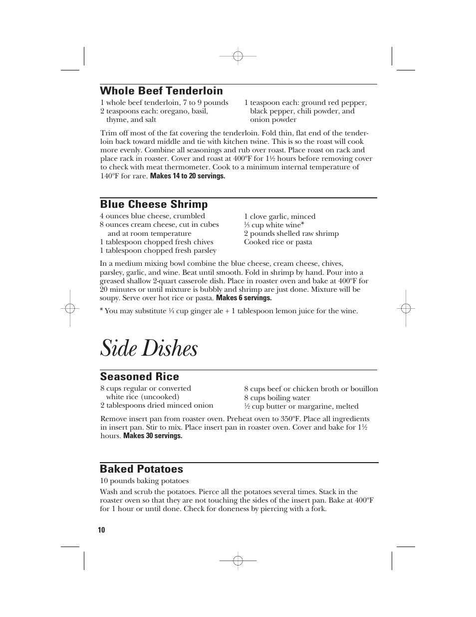 Side dishes, Whole beef tenderloin, Blue cheese shrimp | Seasoned rice, Baked potatoes | GE 840081100 User Manual | Page 10 / 32