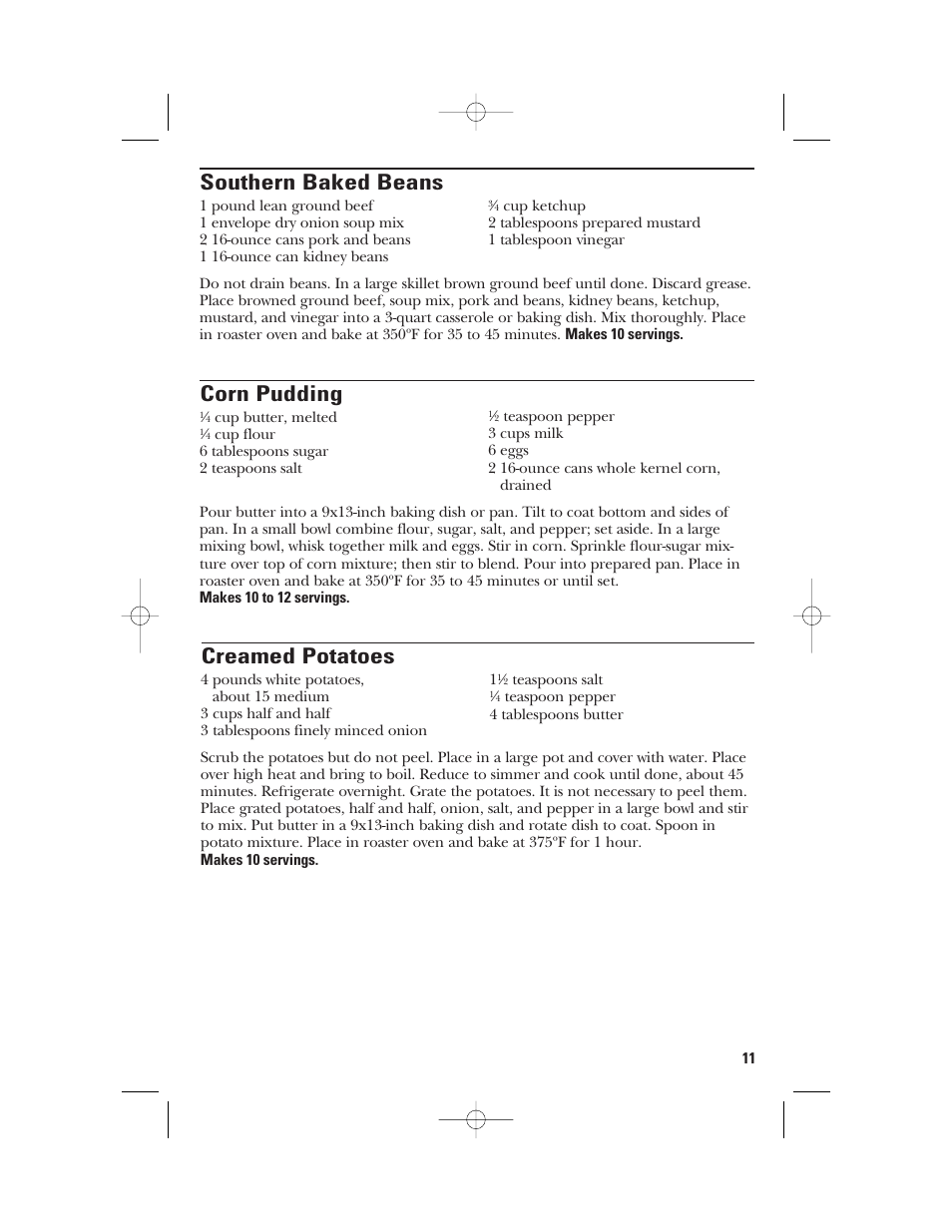Southern baked beans, Corn pudding, Creamed potatoes | GE 840081100 User Manual | Page 11 / 32