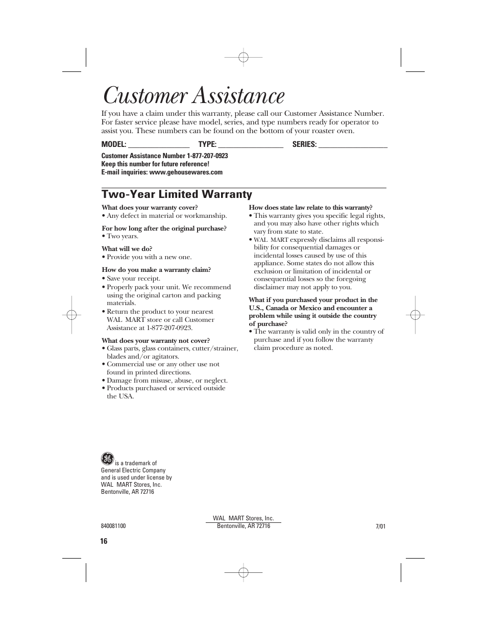 Customer assistance, Two-year limited warranty | GE 840081100 User Manual | Page 16 / 32