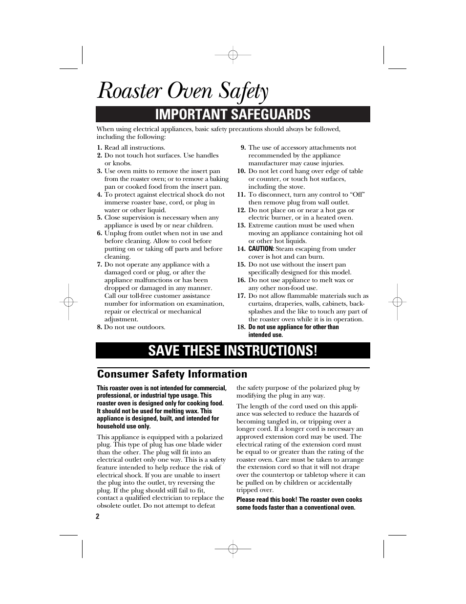 Roaster oven safety, Important safeguards save these instructions, Consumer safety information | GE 840081100 User Manual | Page 2 / 32