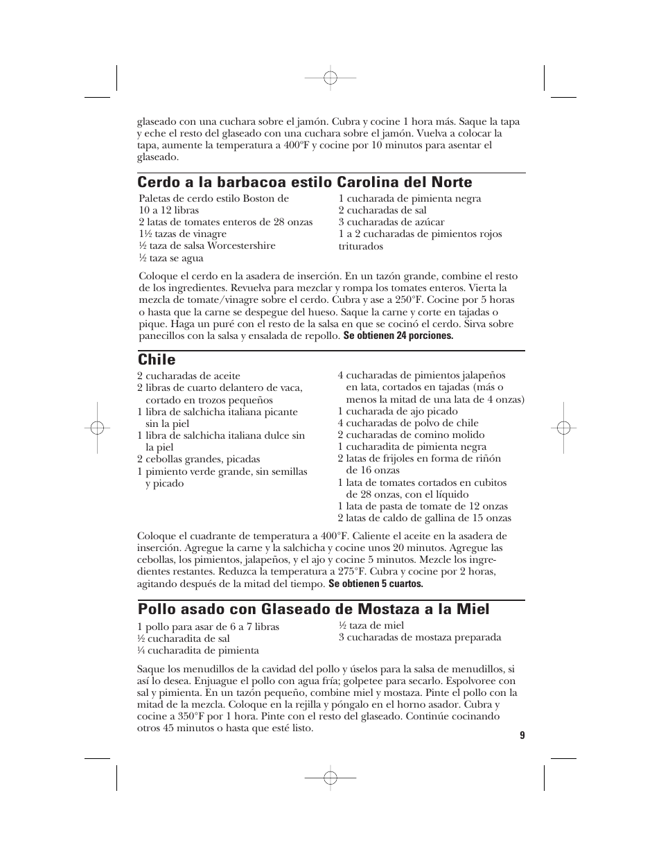 Cerdo a la barbacoa estilo carolina del norte, Chile, Pollo asado con glaseado de mostaza a la miel | GE 840081100 User Manual | Page 25 / 32