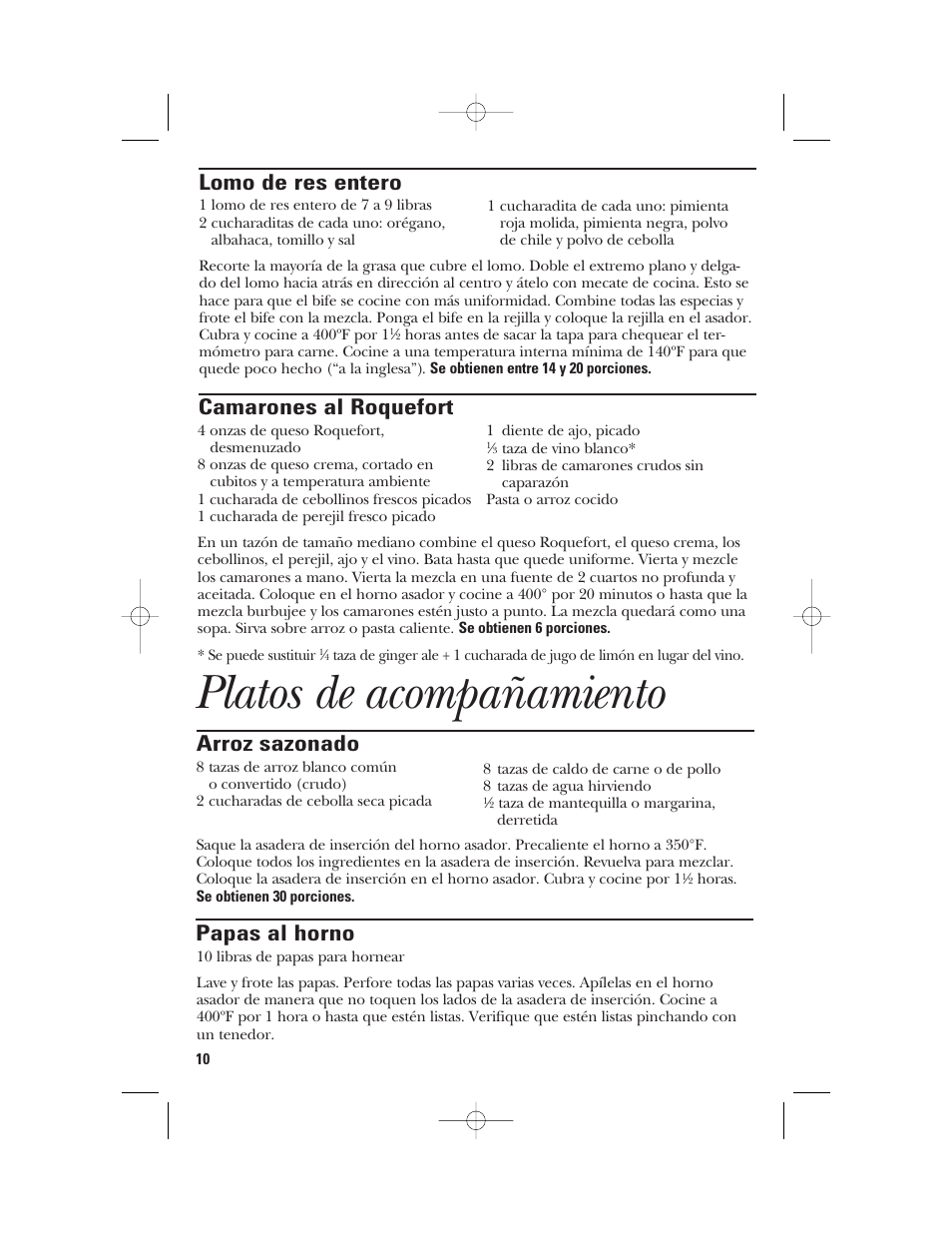 Platos de acompañamiento, Camarones al roquefort, Arroz sazonado | Papas al horno, Lomo de res entero | GE 840081100 User Manual | Page 26 / 32