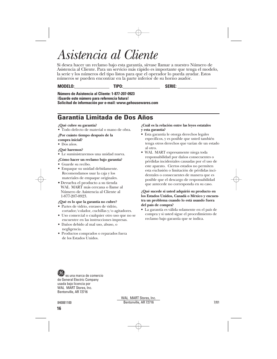 Asistencia al cliente, Garantía limitada de dos años | GE 840081100 User Manual | Page 32 / 32