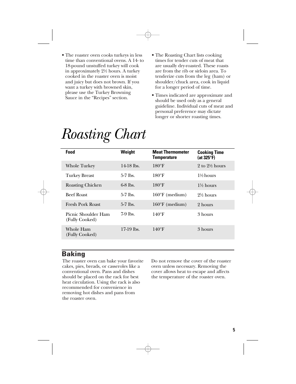 Roasting chart, Baking | GE 840081100 User Manual | Page 5 / 32