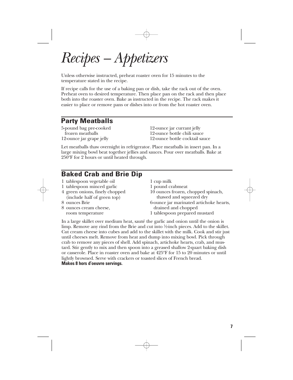 Recipes – appetizers, Party meatballs, Baked crab and brie dip | GE 840081100 User Manual | Page 7 / 32