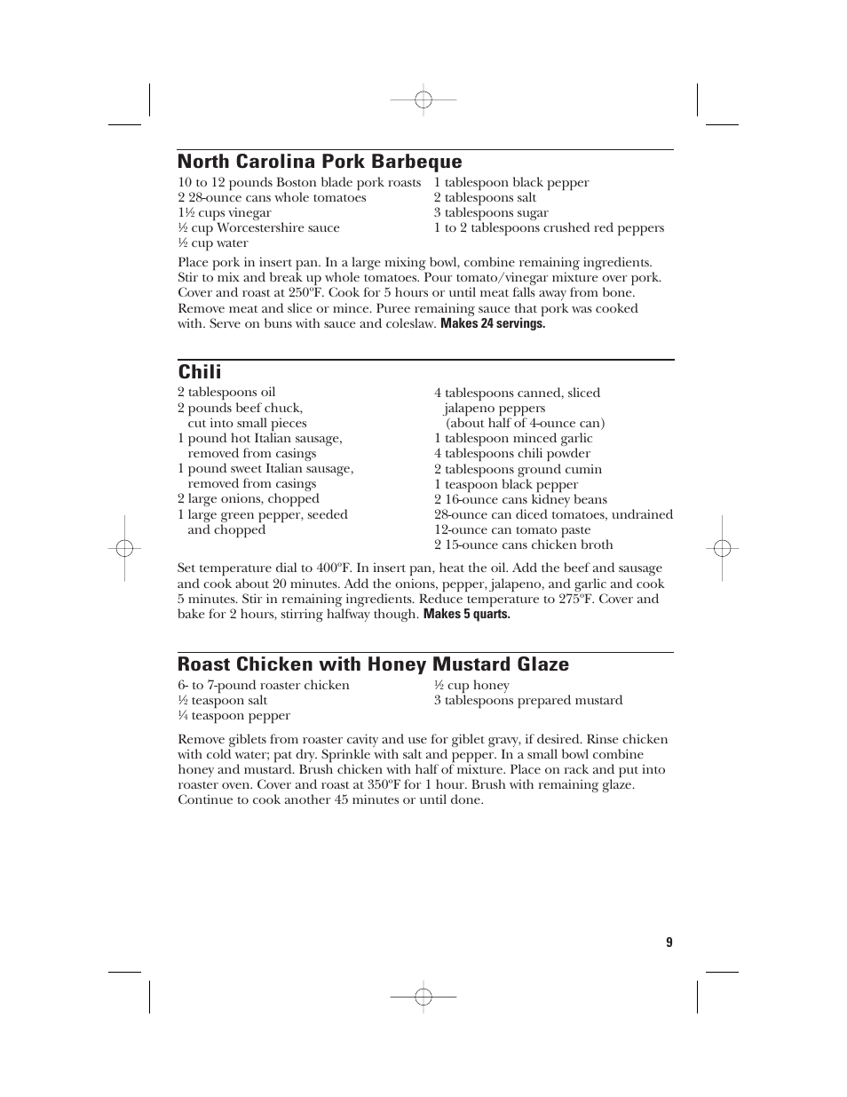 North carolina pork barbeque, Chili, Roast chicken with honey mustard glaze | GE 840081100 User Manual | Page 9 / 32