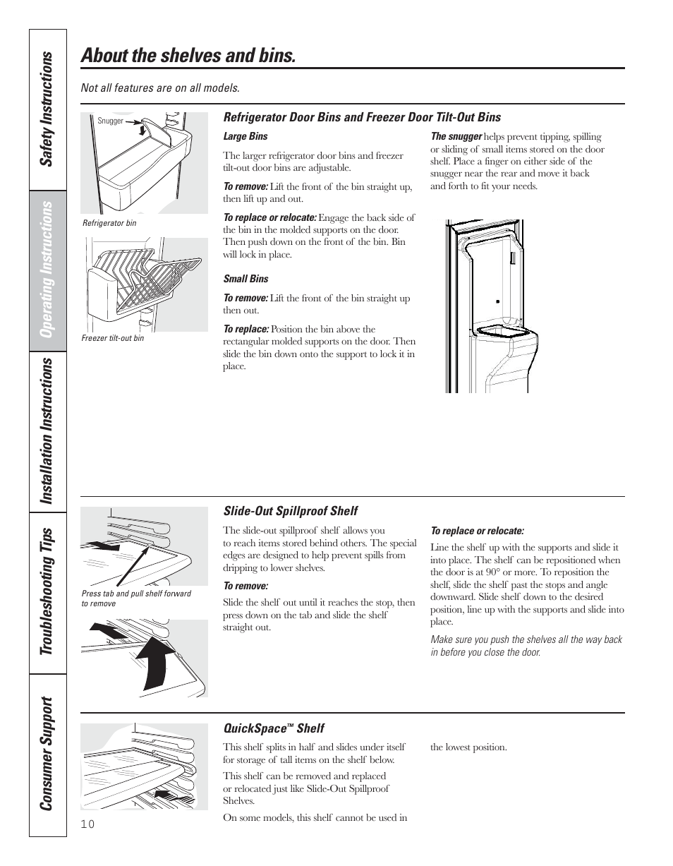 Shelves and bins, About the shelves and bins | GE 200D8074P043 User Manual | Page 10 / 132