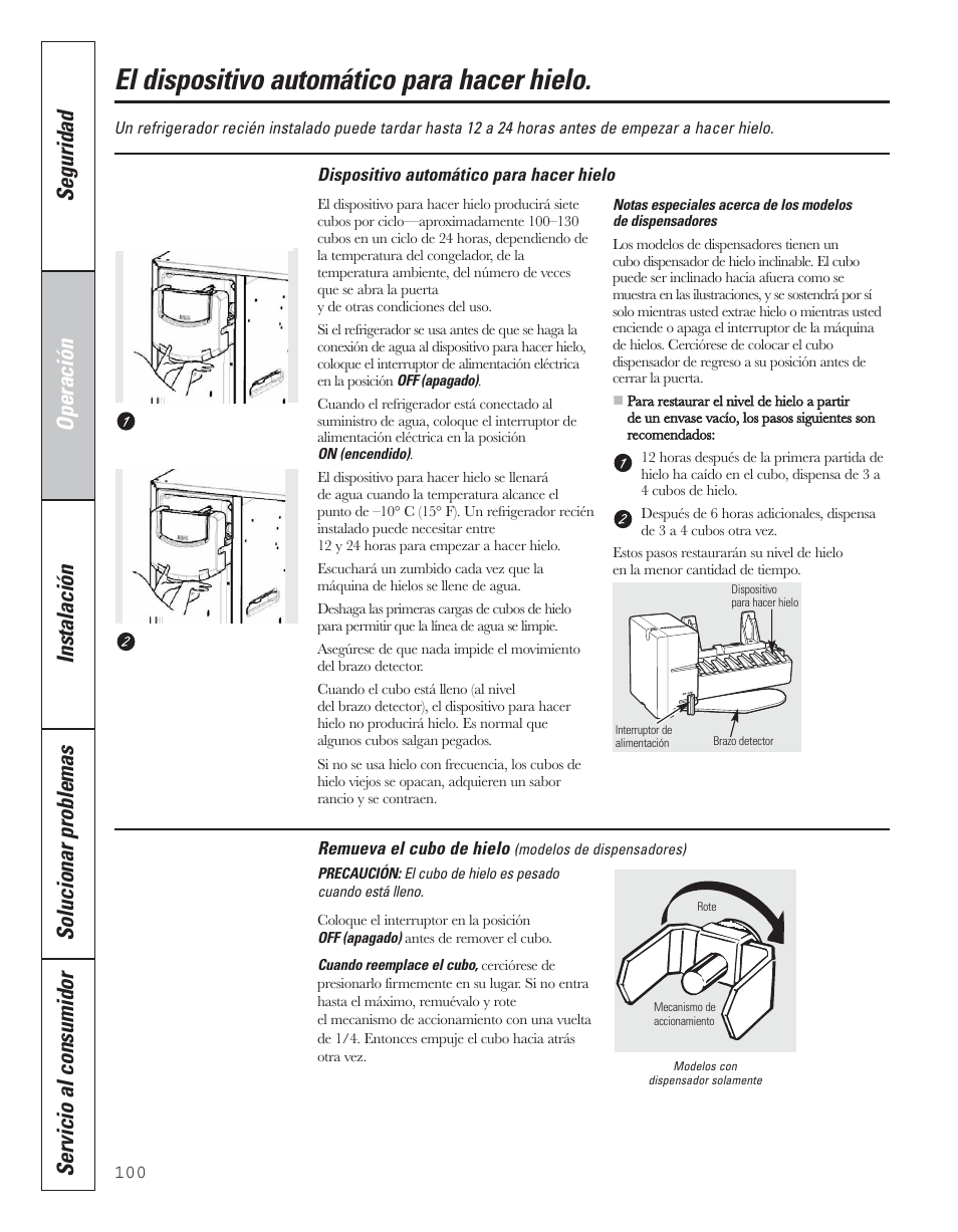 El dispositivo automático para hacer hielo | GE 200D8074P043 User Manual | Page 100 / 132