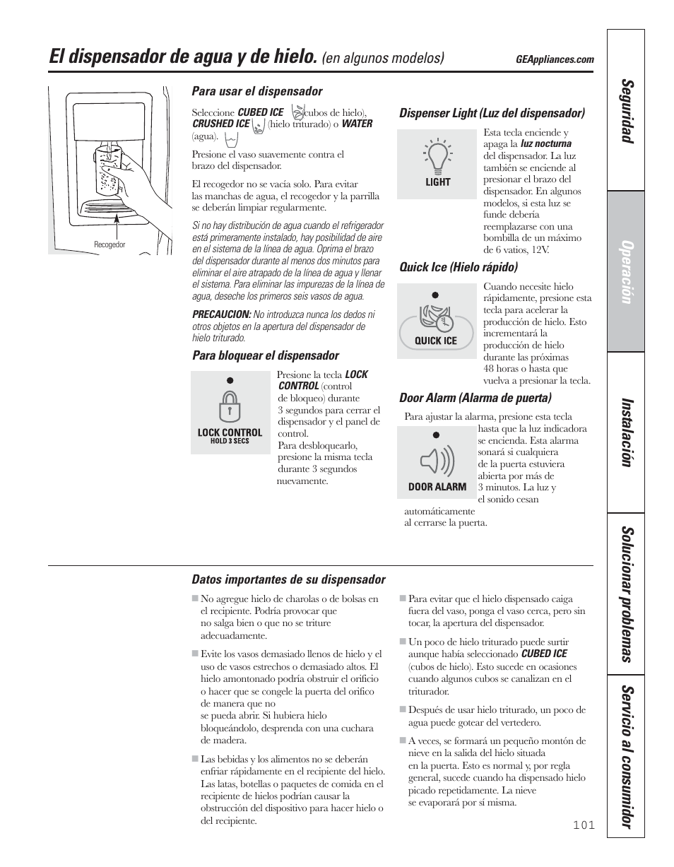 El dispensador de agua y de hielo, En algunos modelos) | GE 200D8074P043 User Manual | Page 101 / 132