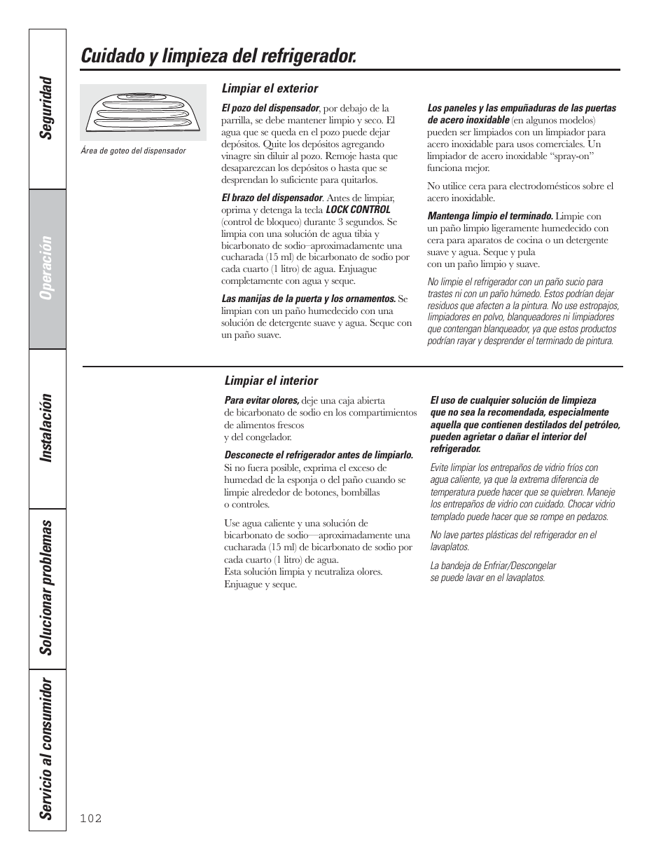 Cuidado y limpieza del refrigerador | GE 200D8074P043 User Manual | Page 102 / 132
