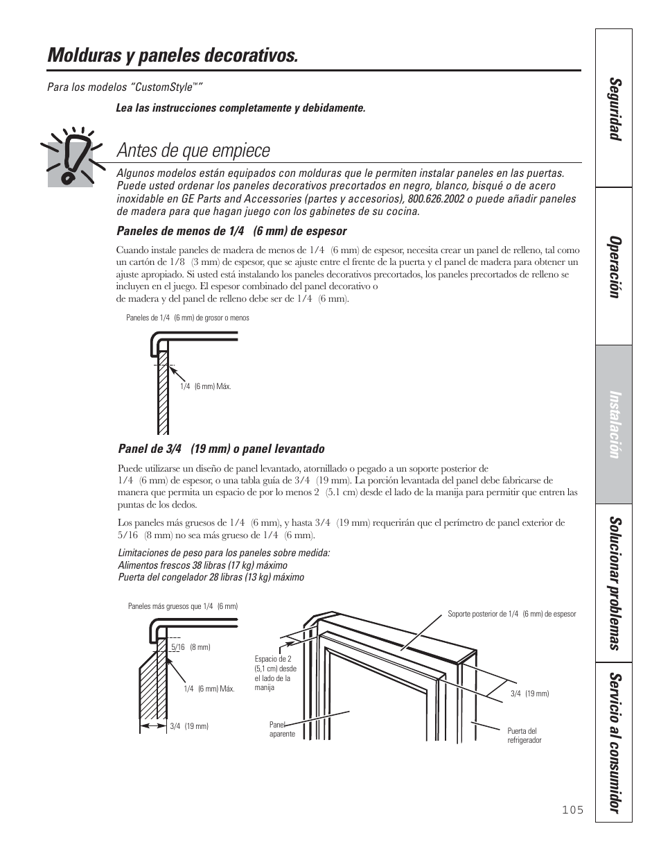 Molduras y paneles decorativos, Antes de que empiece | GE 200D8074P043 User Manual | Page 105 / 132