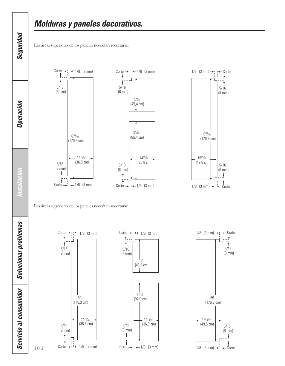 Molduras y paneles decorativos, 23‘ dimensiones de los paneles precortados, 25‘ dimensiones customstyle | De los paneles precortados | GE 200D8074P043 User Manual | Page 106 / 132