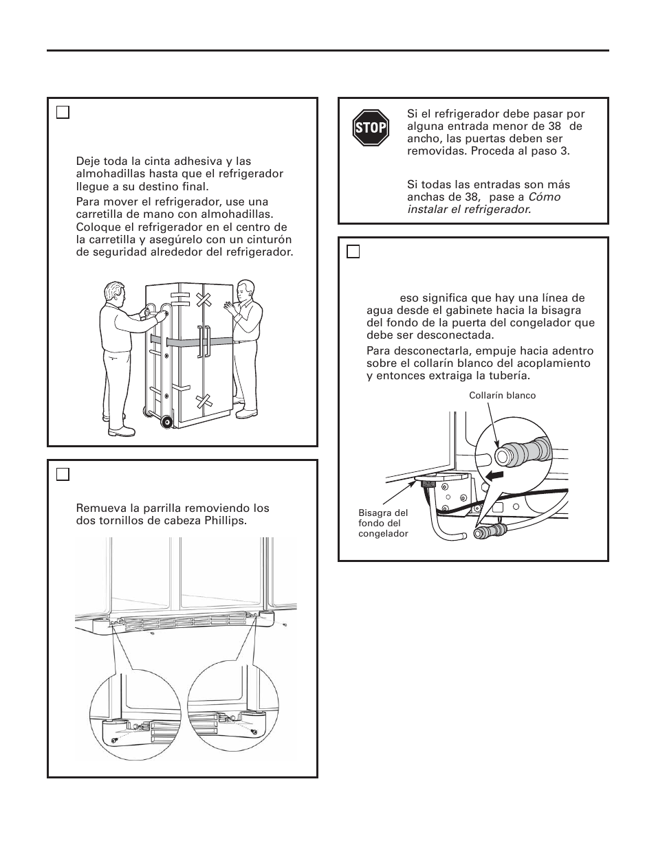 Cómo mover el refrigerador, Instrucciones para la instalación, Remueva la base de la parrilla | GE 200D8074P043 User Manual | Page 110 / 132