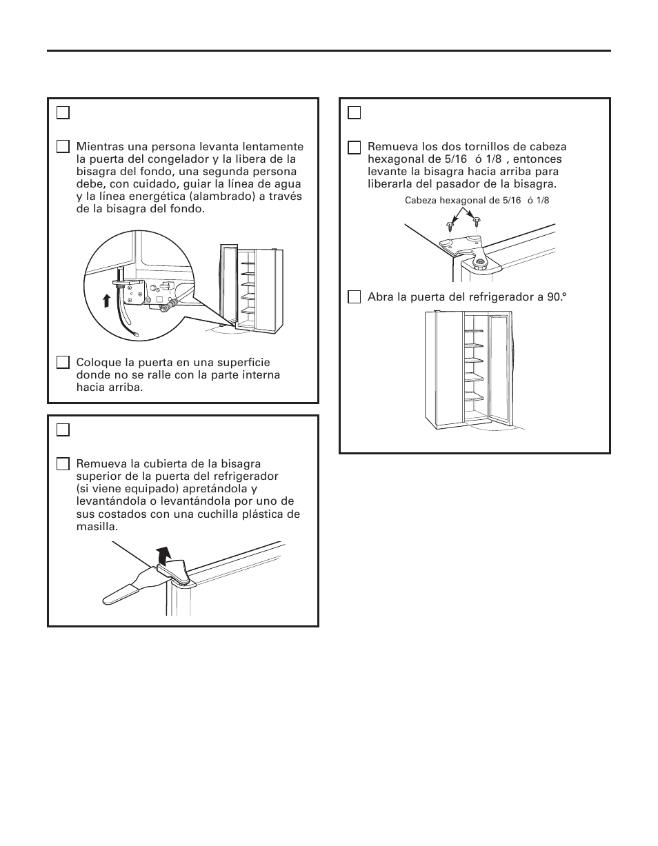 Cont.) remueva la puerta del congelador (cont.), Remueva la puerta del refrigerador, Remueva la puerta del refrigerador (cont.) | GE 200D8074P043 User Manual | Page 112 / 132