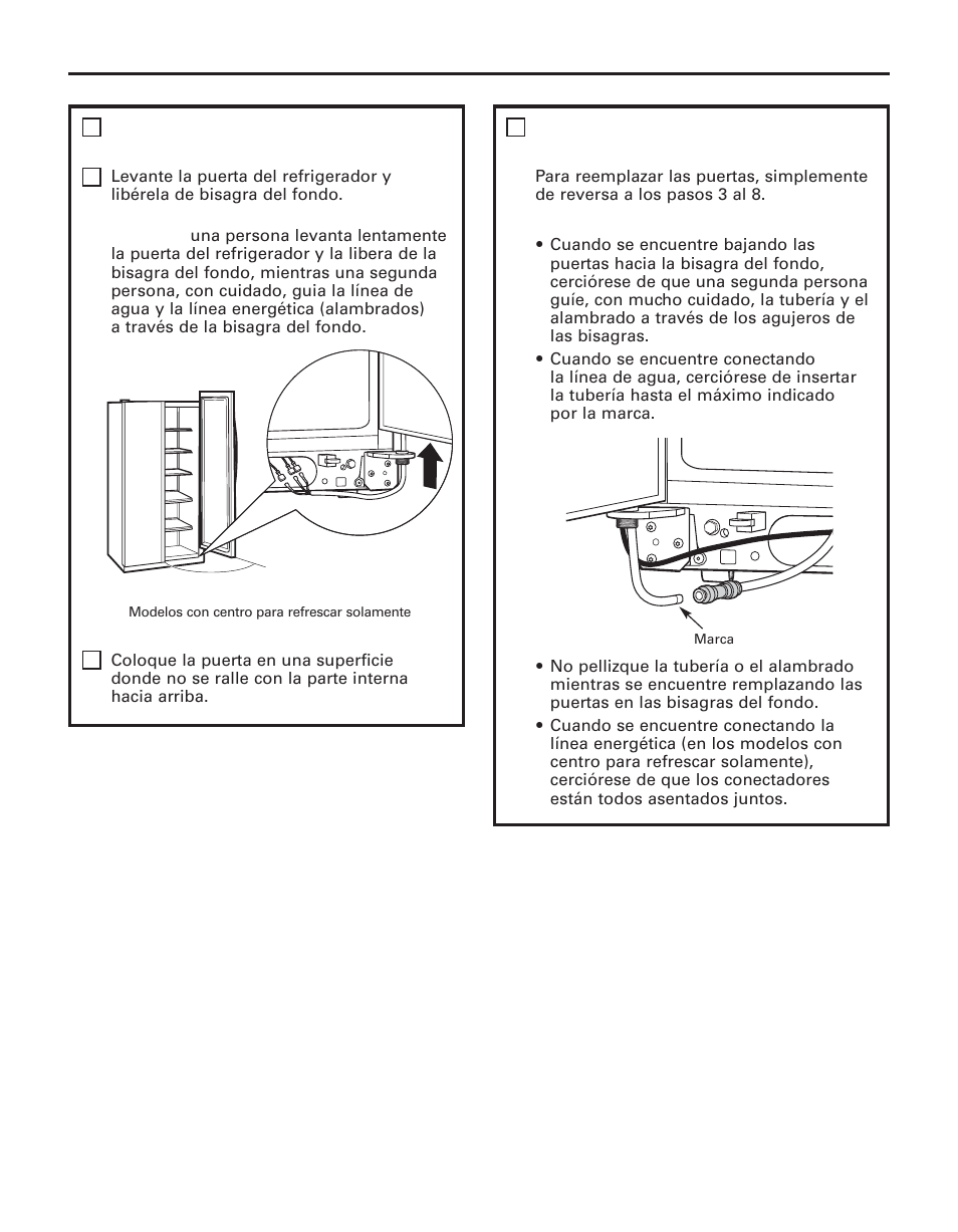 Instrucciones para la instalación, Remueva la puerta del refrigerador (cont.), Cómo reemplazar las puertas | GE 200D8074P043 User Manual | Page 113 / 132