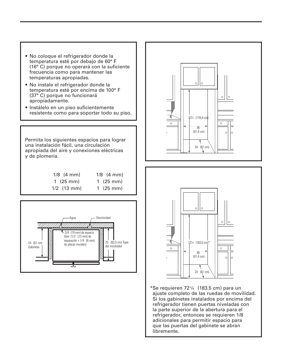 Instrucciones de instalación, Cómo instalar el refrigerador, Dimensiones y especificaciones | Localización del refrigerador, Espacio, Para modelos customstyle, De 23’), De 25’) | GE 200D8074P043 User Manual | Page 114 / 132