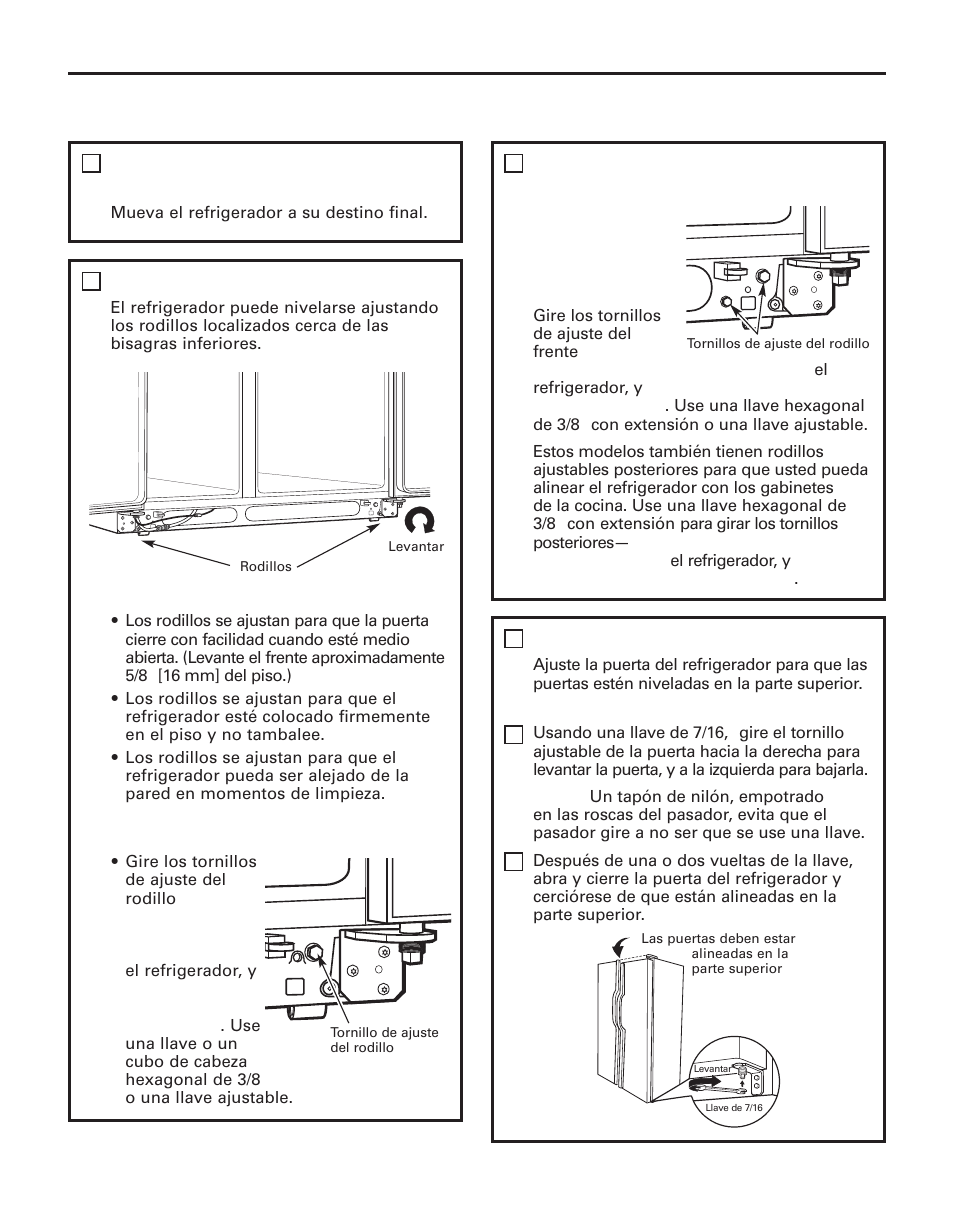 Cont.) coloque el refrigerador en su lugar, Cómo nivelar el refrigerador (cont.), Cómo nivelar el refrigerador | Cómo nivelar las puertas | GE 200D8074P043 User Manual | Page 116 / 132