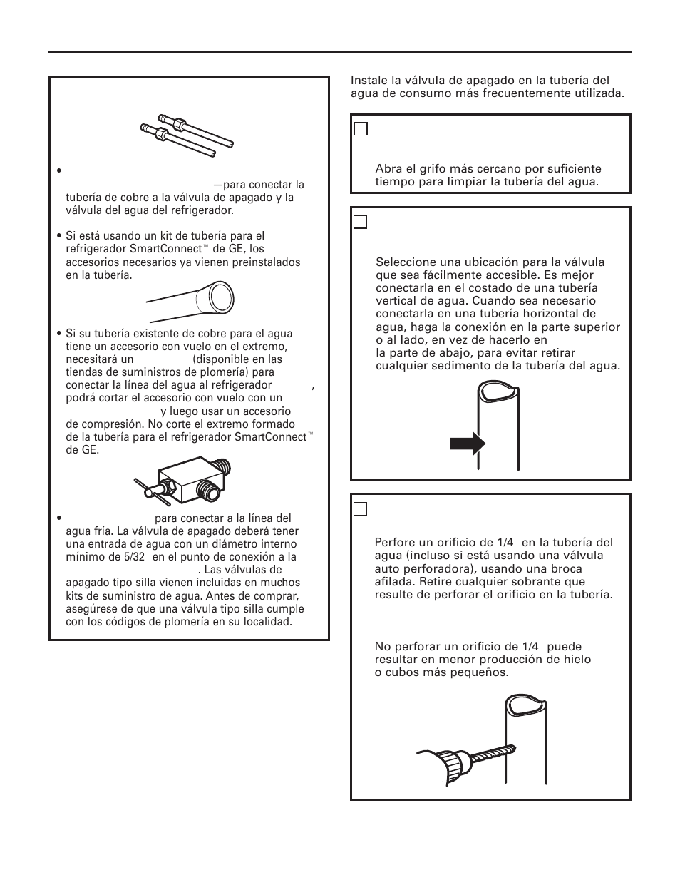 Instrucciones para la instalación, Cierre el suministro principal de agua, Seleccione la ubicación de la válvula | Perfore el orificio para la válvula, Qué necesita (cont.) | GE 200D8074P043 User Manual | Page 119 / 132