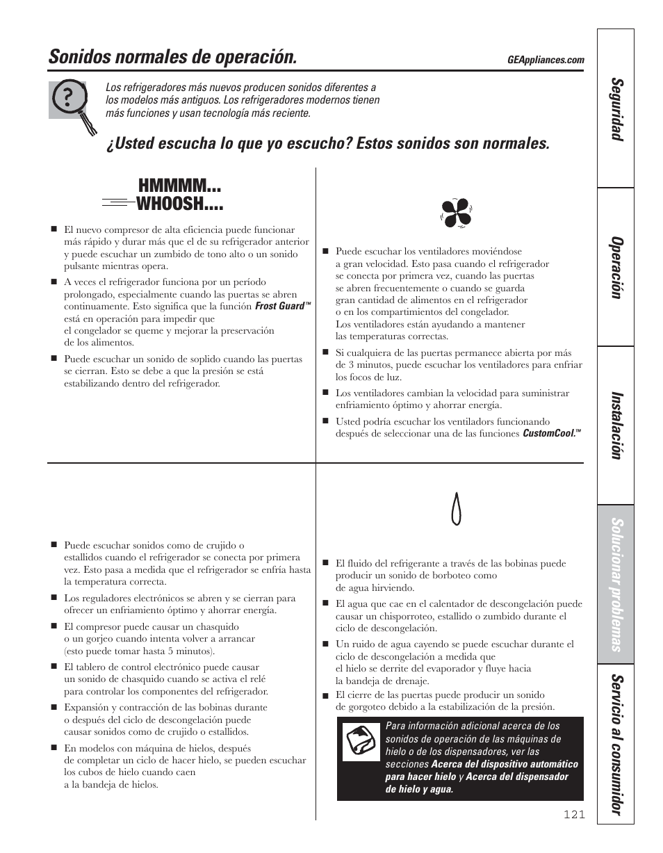 Sonidos normales de operación, Chasquidos, estallidos, crujido, gorjeos, Sonidos de agua | Whir | GE 200D8074P043 User Manual | Page 121 / 132