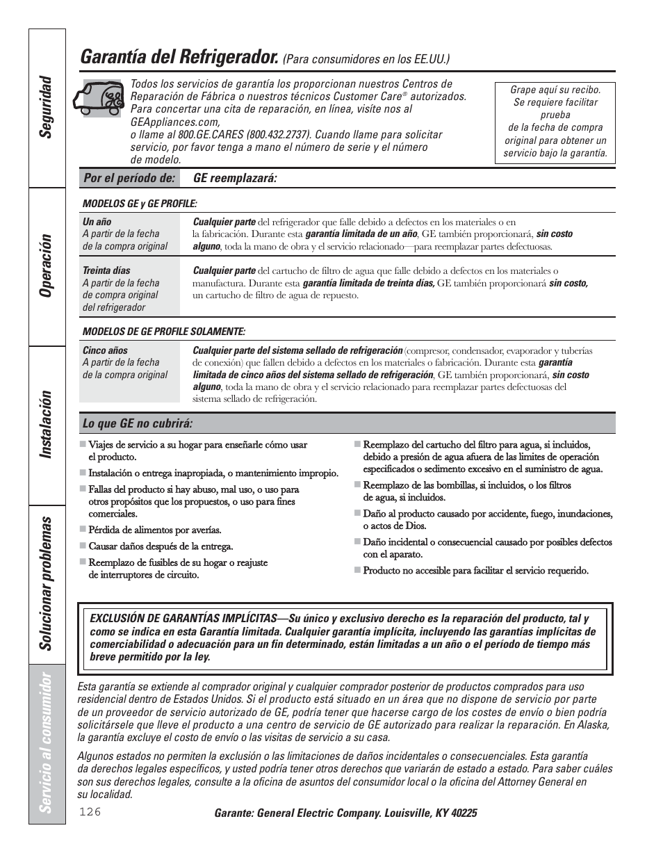 Servicio al consumidor, Garantía para consumidores en los escados unidos, Garantía del refrigerador | GE 200D8074P043 User Manual | Page 126 / 132