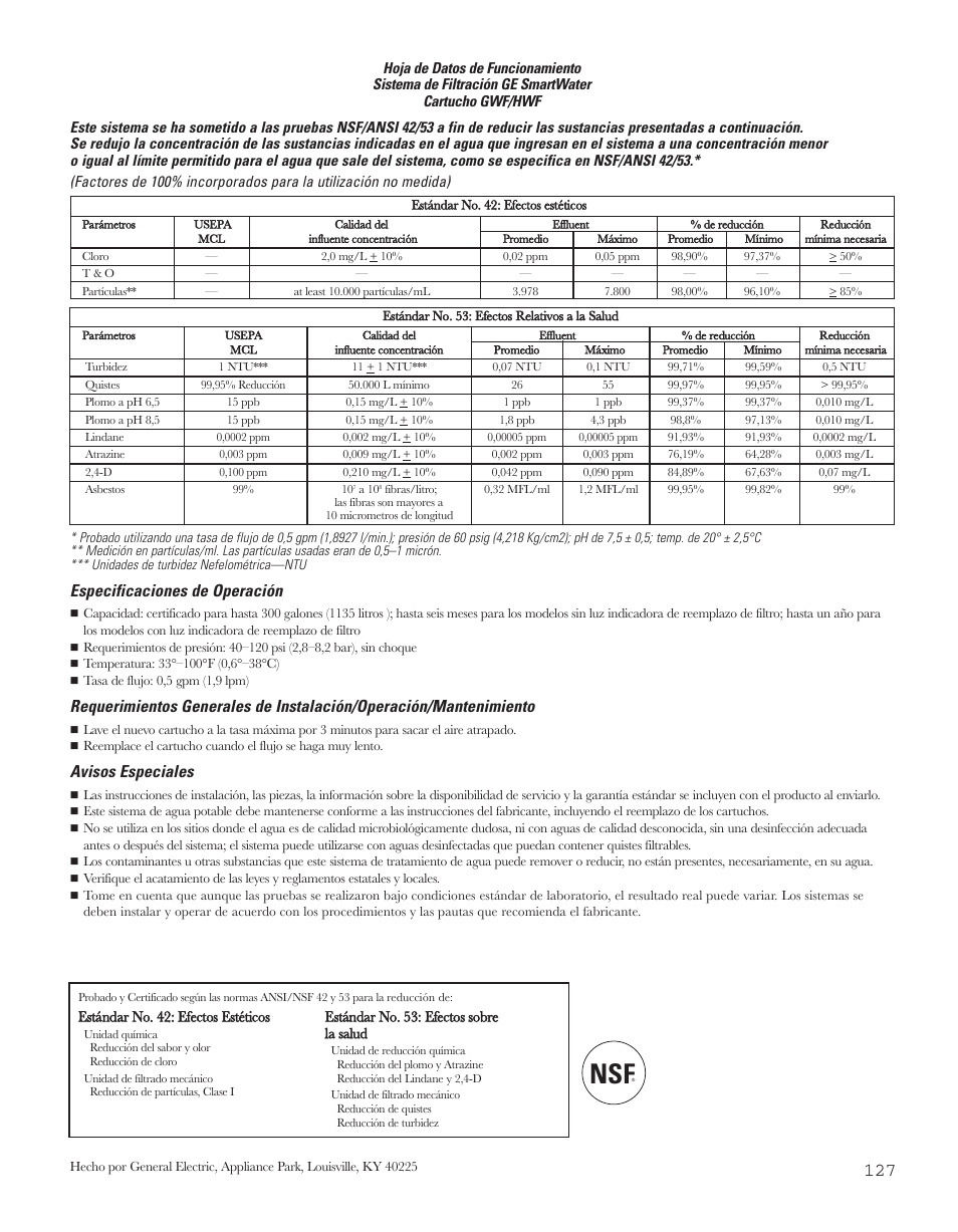 Hoja de datos de funcionamiento, Especificaciones de operación, Avisos especiales | GE 200D8074P043 User Manual | Page 127 / 132