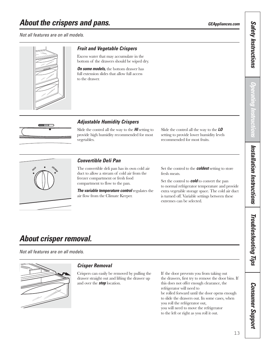 Crispers and pans, About the crispers and pans, About crisper removal | GE 200D8074P043 User Manual | Page 13 / 132