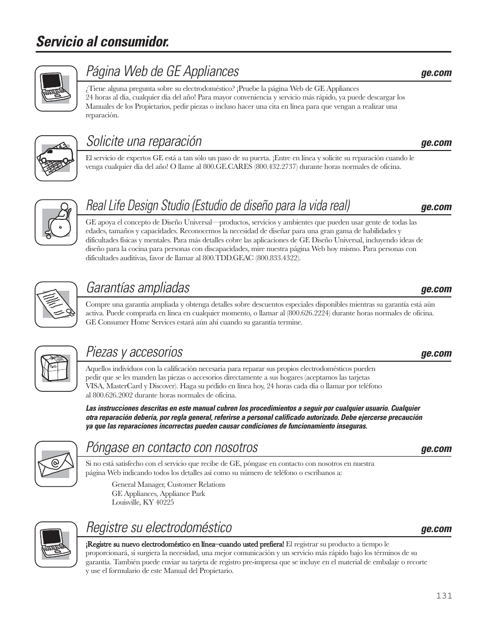 Servicio al consumidor, Solicite una reparación, Garantías ampliadas | Piezas y accesorios, Póngase en contacto con nosotros, Registre su electrodoméstico | GE 200D8074P043 User Manual | Page 131 / 132