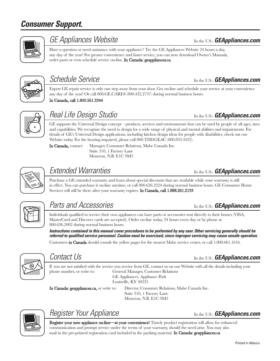 Consumer support, Consumer support. ge appliances website, Schedule service | Real life design studio, Extended warranties, Parts and accessories, Contact us, Register your appliance | GE 200D8074P043 User Manual | Page 132 / 132