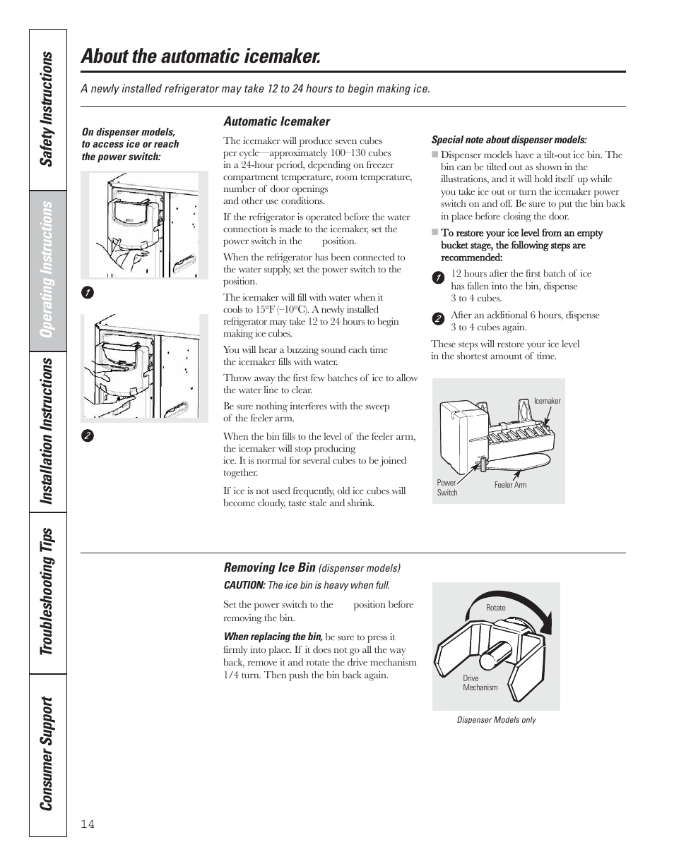 Operating instructions, Automatic icemaker, About the automatic icemaker | GE 200D8074P043 User Manual | Page 14 / 132